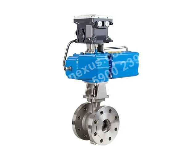 Neles R Series V-port rotary ball valve with actuator and positioner shown against a white background